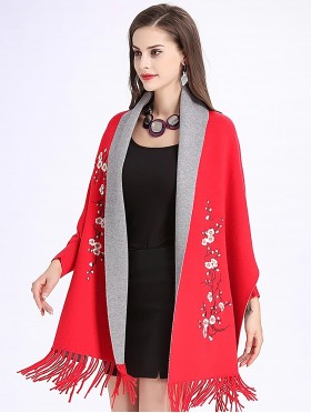 Cashmere Feeling Floral Embroidery Cape W/Sleeves